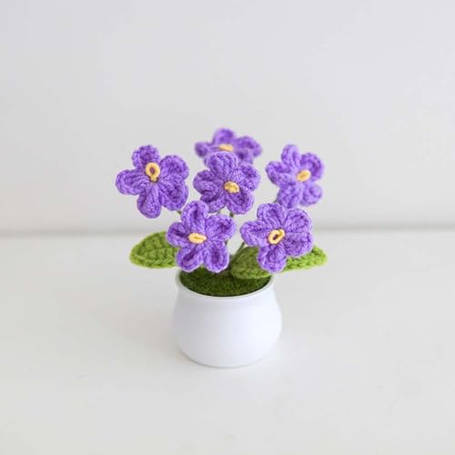 Blync Knitting Crochet Flowers Potted Plants, Fake Forget Me Not Flowers for Friends, Family and Lover, Artificial Handmade Flowers for Valentines Birthday Wedding Gift and Home Decor (Purple) - color: Purple