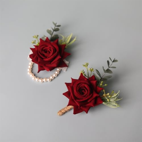 Wine Red Wrist Corsage for Wedding Anniversary Homecoming Prom Artificial Rose Flowers Wristlet Band Bracelet for Women Girl Mother Bride Bridesmaid - color: Burgundy Corsage