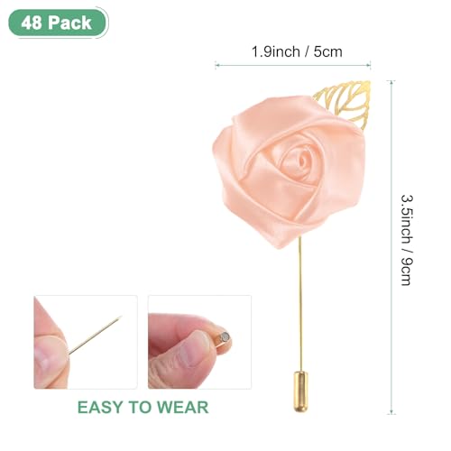 M METERXITY 48-Pack Flower Lapel Pins for Men, Golden Leaf Rose Boutonnieres Pin Groom Boutonnieres for Wedding/Dance/Party, Men Lapel Pins for Suits Satin Flower Corsage [Snow Pink] - color: Snow Pink