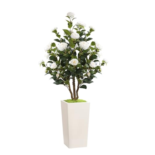 Romantic season 4FT Artificial Camellia Tree with White Tall Planter, Faux Camellia Plant Flower Tree for Modern Home Office Living Room Floor Décor Outdoor Indoor,White - color: White