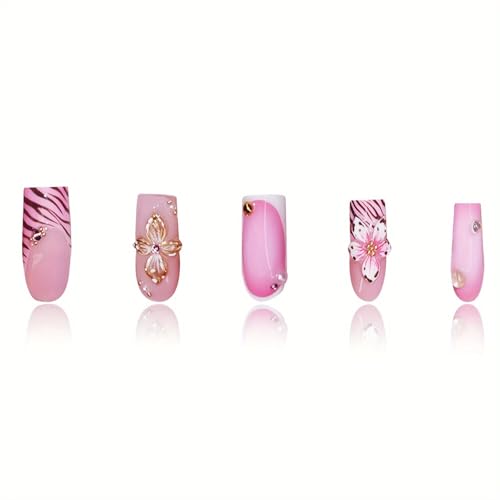 Flower Press on Nails Medium Square Fake Nails Pink False Nails with Embossed Rhinestone Designs Wild Flowers Glossy Stick on Nails Glue on Nails Acrylic Nails for Women Girls 24 Pcs - color: Flower Square34
