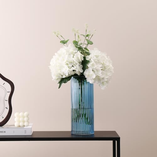 Blue Glass Vase, Glass Flower Vase, Ribbed Glass Vases, Blue Vase, Tall Cylinder Vases for Centerpieces, Living Room, Bedroom, Dining Table, Office, Wedding, Bookshelf Decoration, 10 Inches - color: Blue, size: 10''