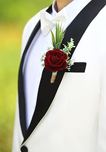 Ansofi Set of 6 Wine Red Boutonniere for Best Men Groom Groomsmen Burgundy Buttonholes for Wedding Party Prom Decoration