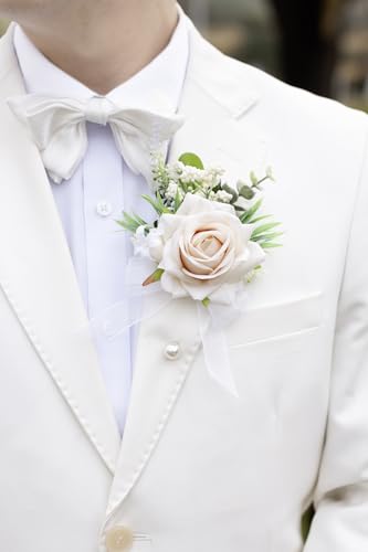 Champagne Corsage and Boutonniere Set, Corsage Wristlet for Women and Boutonniere for Wedding Prom Homecoming, Artificial Rose Flowers Boutonniere and Wrist Corsage - color: Champagne