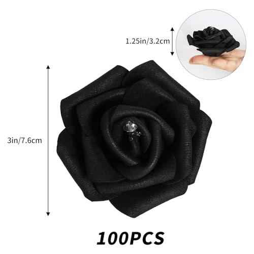 IPOPU 100pcs Black Rose Artificial Flower Heads Bulk with Crystal 3in Real Looking Foam Fake Roses Faux Flowers for DIY Craft Wedding Bouquets Arrangements Party Table Home Decorations(Black) - color: Black With Crystal