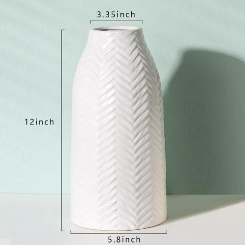 hjn White Vase for Flowers Ceramic Vase for Decor, Modern Decorative Tall Vases for Your Kitchen/Office/Living Room/Bookshelf/Mantel - White Texture(Medium) - size: 6D'' x 12"H