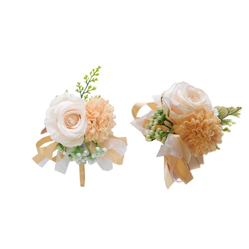 Rikyo 2 Pack Champagne Flower Wrist Corsage Boutonniere Set,3" Artificial Rose Carnation Wrist Corsage and Men Boutonniere Set,Curtain Tiebacks,DIY Silk Flower for Wedding Flowers Prom Suit Decor - color: Champagne