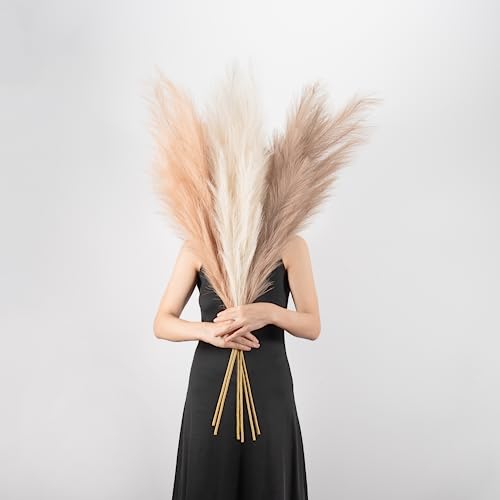 Pampas Grass Decor Tall, 43"/110cm Faux Pampas Grass 6 Stems Large Pompass Grass Branches Tall Bulk Boho Flower Arrangement for Home Room Wedding Party Decor - color: Beige& Light Curry& Brown Curry