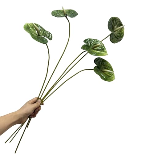 5 PC 24inch Artificial Anthurium Lily Flowers Permanent for Home Decor Bouquet and Green Leaf for Home Bridal Wedding Festival Party, Crafts, Store Decor Small Flower Bouquet Accessories (Dark Green) - color: Dark Green