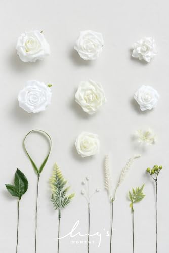 Ling's moment Fake Flowers Box, Artificial Faux Greenery Stems Silk Roses Foam Berries for Wedding Bouquets Centerpieces Decorations Backyard Floral Arrangement, White & Olive Green, Mini Combo - color: White & Olive Green