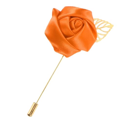 M METERXITY 1-Pack Flower Lapel Pins for Men, Golden Leaf Rose Boutonnieres Pin Groom Boutonnieres for Wedding/Dance/Party, Men Lapel Pins for Suits Satin Flower Corsage [Orange] - color: Orange