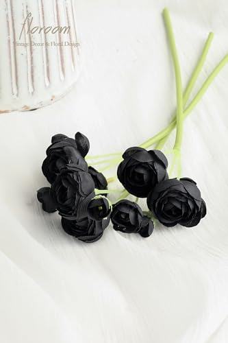 Floroom Ranunculus Artificial Flowers 18 Pcs Black Faux Silk Mini Ranunculus Bulk Fake Wedding Filler Flowers for DIY Bouquets, Centerpieces, Bridal Shower Decorations & Arrangements - color: Black