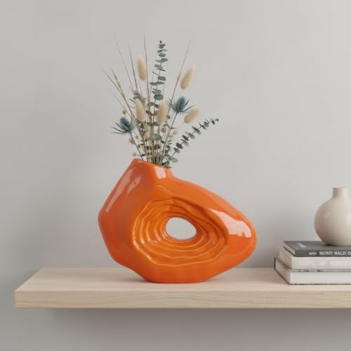 Sunddo Orange Ceramic Vase for Home Decor, 7 Inch Small Donut Flower Vases for Decor, Modern Decorative Vase, Centerpiece, Shelf, Table, Bookshelf, Entryway Decoration - color: Orange, size: 7 inch