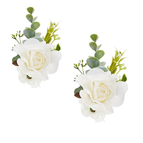 White Rose Wrist Corsage, Pack of 2 PCS Wedding Bridal Wrist Flower Corsage Hand Flower Artificial Silk Rose Decor for Prom Party Wedding - color: 2 Wrist Cosages White