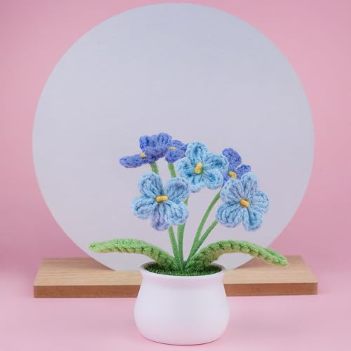 Blync Knitting Crochet Flowers Potted Plants, Fake Forget Me Not Flowers for Friends, Family and Lover, Artificial Handmade Flowers for Valentines Birthday Wedding Gift and Home Decor (Gblue) - color: Gblue