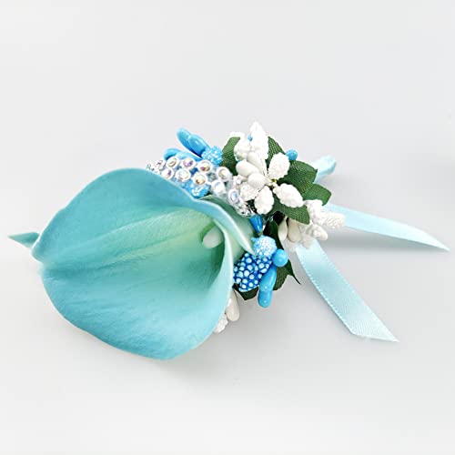 Ciandid Calla Lily Boutonnieres Set of 6, Groom Groomsman Best Man Boutonniere, Handmade Silk Flower for Wedding Ceremony Anniversary (Calla Lily-Blue, 6pcs) - color: Turquoise