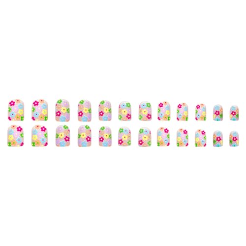 Flower Press on Nails Short Square Fake Nails Nude False Nails with Cute Colorful Flowers Designs Full Cover Stick on Nails Glue on Nails Nails Acrylic Nails for Women Girls 24 Pcs - color: Flower Square36