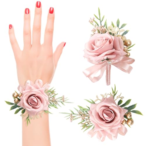 2 Pcs Pink Rose Wrist Corsage and Boutonniere Set, Rose Corsage Hand for Women, Boutonniere for Men Wedding Artificial Flowers Accessories Prom Decor, Wedding Party Accessories (Pink) - color: Pink
