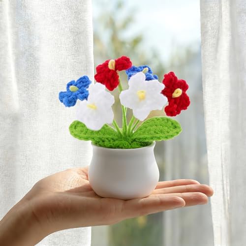 LAIDANLA Patriotic Crochet Flowers Forget Me Not Potted Plant, Handmade Red White Blue Knitted Flower Veterans Day Appreciation Gifts, 4th of July Desk Decorations for Women Teacher Coworker - color: Red, White, Blue
