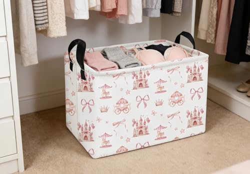 Essme Rectangular Pink Baskets,Girls Storage Box,Cute Basket for Kids with Handles for Room Decor, Book Bins,Shelf Basket.(Castle) - color: Castle
