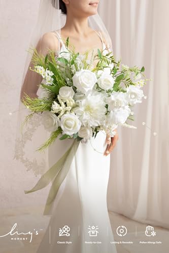 Ling's moment White Wedding Bouquets for Bride, Lily of The Valley Bridal Bouquets for Bride, 15 Inch Free Form Artificial Wedding Flower Bouquet - color: Wht-lily of the Valley White, size: Medium 15 Inch