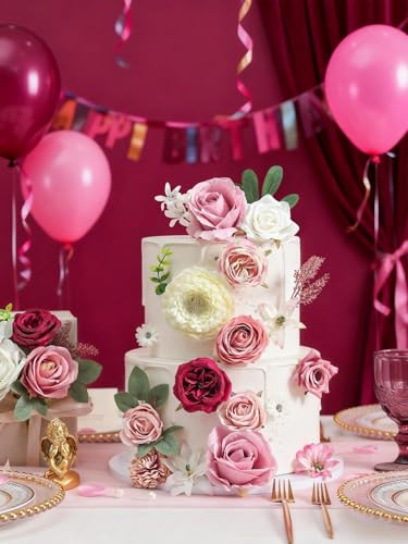 Artificial Flowers Box White Pink Silk Fake Roses with Stems for DIY Wedding Bridal Bouquets Floral Arrangement Table Centerpieces Cake Birthday Party Wreath Baby Shower Home Decor - color: White Pink