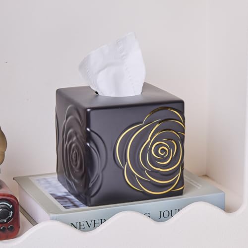 Black Ceramic Cube Tissue Box Cover with Gold Rose – Large Elegant Rose Floral Square Decorative Tissue Box Holder for Bathroom, Bedroom, Office Desk, Kitchen Counter – Perfect Housewarming Gift - color: Black&gold