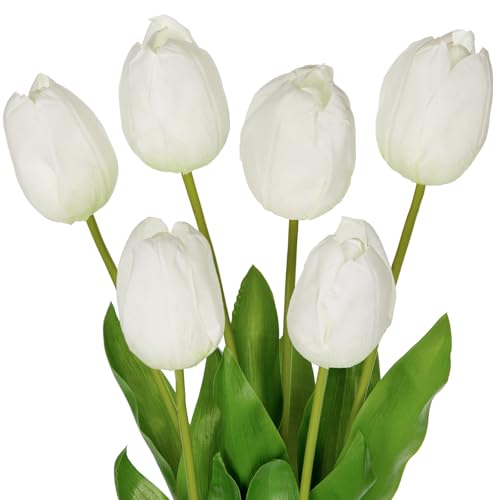 6PCS 23" Fake Tulip Flowers Artificial White Tulips Long Stem Faux Flower, Silk Flower Décor for Floral Arrangement Home Farmhouse Wedding Decoration - color: White