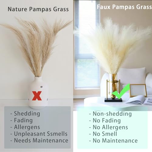 10 Stems Faux Pampas Grass - 17.7" Artificial Pampas Grass Decor Fluffy Small Pampas Grass Flower Arrangement and Vase Filler for Boho Home Wedding Mothers Day Decoration（Beige） - color: Beige