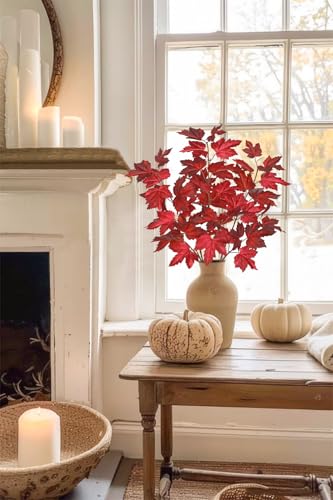 3Pcs Fall Decor Artificial Maple Leaves Branches Fake Fall Leaves Stems Plants Faux Maple Shrubs Leaf Bushes for Home Kitchen Decor Autumn Thanksgiving Fireplace Festival Party Decorations Light Red