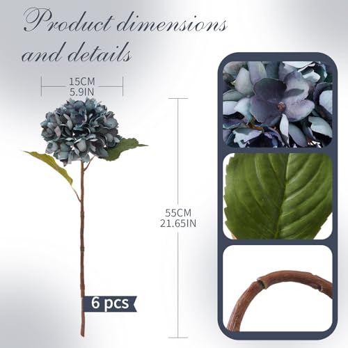 6PCS 21 Inch Lifelike Artificial Silk Hydrangea Flowers, Large Fake Hydrangea Flowers Bouquet with Stems, Full Faux Hydrangea for Home Decor Wedding Table Party Office Decor(Dusty Blue) - color: Dusty Blue