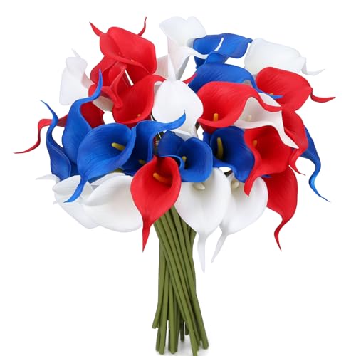 24 Pcs Patriotic Calla Lily Flower 4th of July Artificial Flowers Fake Blue White Red Silk Flowers Real Touch for Independence Memorial Day - color: Red-blue-white