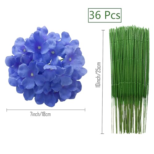 FagusHome Silk Hydrangea Heads 36 Pcs Artificial Flowers Heads and 3 Dozens Stems Fake Hydrangea Flowers with Stems for Home Wedding Decor (Blue) - color: Blue