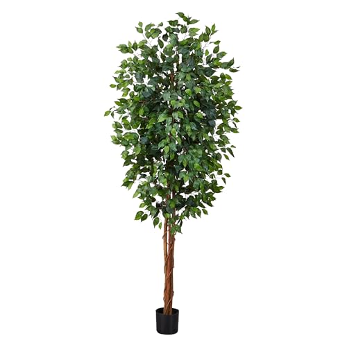 Nearly Natural 7ft Triple Trunk Artificial Ficus Tree with Natural Wood Trunks, Fake Tree For Indoor Home Decor, Faux Ficus Tree with Black Nursery Pot - size: 7ft, style: Tree in Pot