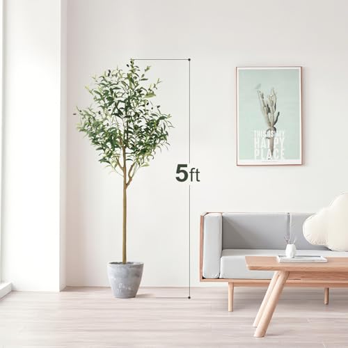 WILDLOVE Fake Olive Tree Artificial Indoor, Potted Faux Olive Trees with Natural Wood Trunk & Lifelike Fruits for Home Office Decor (5ft) - size: 5ft