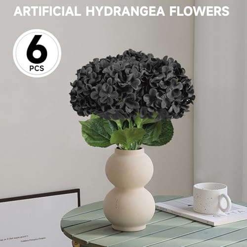 6 PCS Artificial Hydrangea Flowers, Faux Silk Hydrangea with Long Stems, Home Wedding Decor, Table Centerpieces, Party Decorations (Black) - color: Black