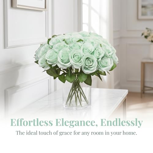 52pcs Light Green Roses Artificial Flowers Green Fake Flowers Silk Roses with Stems for DIY Wedding Bouquets Bridal Shower Centerpieces Arrangements Party Home Decorations - color: Sage Green