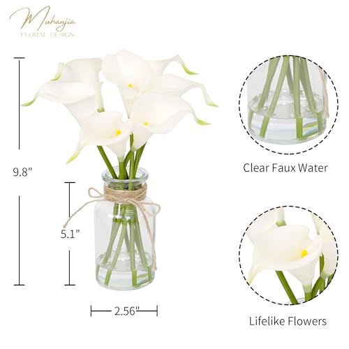 Muhanjia Artificial Flowers Calla Lily in Glass Vase with Faux Water,7Pcs Artificial Flower Real Touch Latex Flowers for Centerpiece Table Decorations Counter Decor(White Calla Lily)