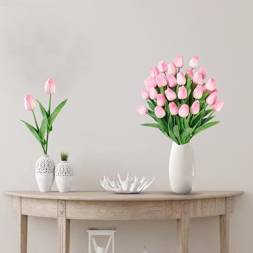 Sggvecsy 30 Pcs Fake Tulips Artificial Flowers Real Touch PU Faux Flowers Tulip Stems for Wedding Spring Bouquet Floral Arrangement Home Party Office Decorations for Mother's Day (Light Pink) - color: Light Pink, size: 30 Pcs