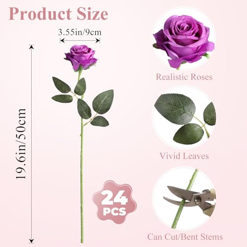 Nubry 24pcs Artificial Purple Roses, Fake Silk Roses Flower with Long Stems, Realistic Flowers for Bridal Wedding Party Table Centerpiece Home Decor - color: Purple
