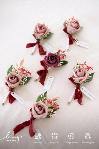 Ling's moment Boutonniere for Men, 6pcs Groom Groomsmen Boutonniere, Artificial Flowers for Wedding Decor/Prom/Homecoming, etc.Marsala Dusty Rose - color: Pk-marsala & Dusty Rose