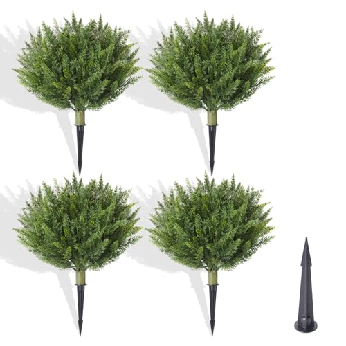 15.7" Christmas Fake Shrubs, Artificial Cedar Ball Tree Plant, 4 Packs of Fake Cedar Outdoor shrubs with Ground Spike, UV Resistant Fake shrubs, Used for Indoor and Outdoor Front Porch Gardens - size: Cypress15.7 x 4