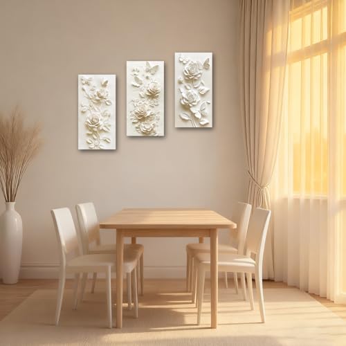SWQYLB 3 Panel Flower Wall Art 3D Relief Floral Canvas Painting Abstract Butterfly & Rose Pictures Prints White & Beige Textured Decor for Home Framed (Beige, 16x8inchx3 Pieces) - color: Beige, size: 16x8inchx3 Pieces