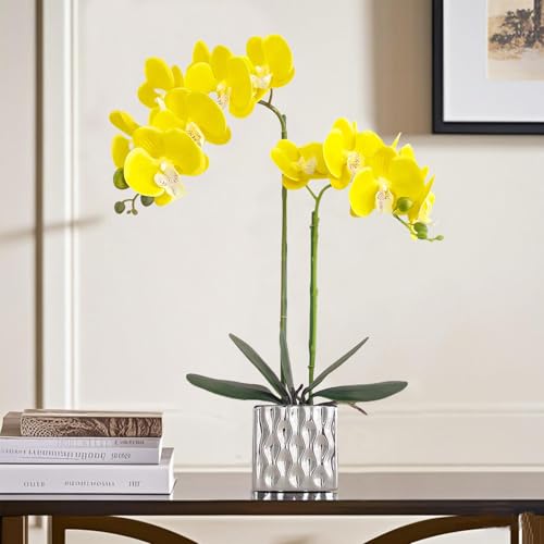 Artificial Orchids Silver Vases Orchids Artificial Flowers Yellow Orchid Height 20 inches - color: Yellow