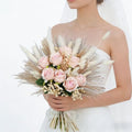 Dried Pampass Fake Roses Bouquet Fluffy Dried Feather with Reeds Bunny Tails Baby Breath Artificial Flowers for Wedding Bride's Bouquet Home Livingroom Pink Boho Decor Table Centerpieces