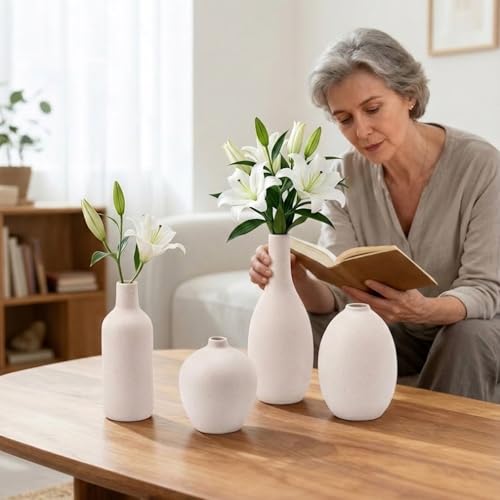 Ceramic Vase Set of 4 – Modern Farmhouse Decorative Vases for Home Decor, Minimalist Matte Pottery Vases for Flowers, Pampas Grass, Table Centerpiece, Mantel, Shelf & Entryway (Beige) - color: 09 Beige White