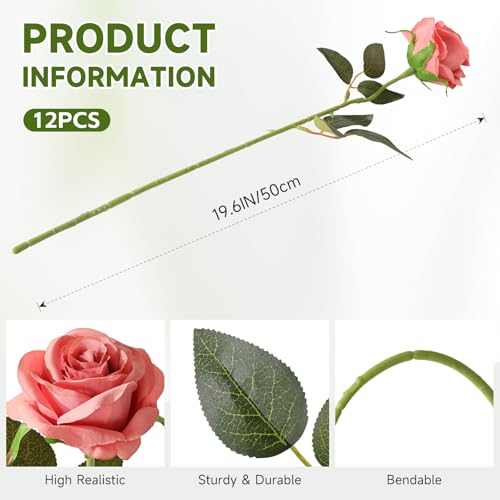 Tifuly Dusty Pink Roses Artificial Flowers -12 Pcs Long Stem Silk Roses, Realistic Fake Roses with Stems for Bridal Bouquets, Home and Office DIY Decor - color: Dusty Pink