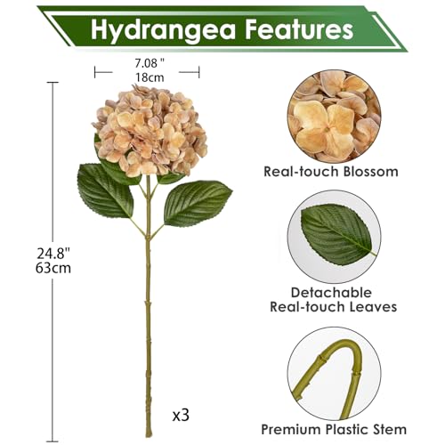 DILATATA Fake Hydrangeas Real Touch Hydrangea Flowers 26" Large Artificial Hydrangea Flowers Silk Hydrangea for Wedding Bouquet, Home, Party, Store, 3 Pcs - color: Dark Beige, size: 3PCS