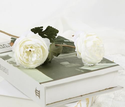 IPOPU 10pcs White Peonies Artificial Flowers Real Touch Silk Peonies with Stems Fake Peony for DIY Wedding Bouquets Bridal Shower Centerpieces Arrangements Party Tables Decorations - color: White