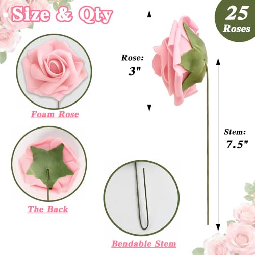 Artificial Flowers, 25pcs Blush Pink Fake Roses with Stems for DIY Wedding Decor Bridal Bouquets Party Centerpieces, Foam Artificial Roses for Home Flower Arrangement Craft Table Decoration - color: Blush Pink